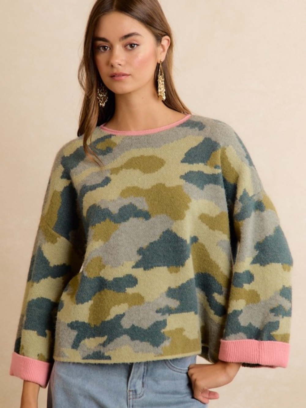 BiBi Camo Pink Trim Sweater - Picture 7 of 7